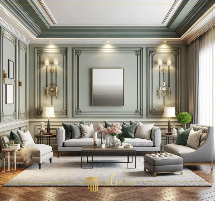 Polyurethaan sierlijsten als elegante harmonie in moderne klassieke woonkamer <h2>Een harmonie van klassiek en modern</h2><p>De woonkamer toont hoe <strong>polyurethaan</strong> lijsten perfect kunnen samengaan met een hedendaagse stijl. De wandpanelen zijn opgebouwd uit geometrisch symmetrische rechthoeken die worden afgewerkt met sierlijke hoekornamenten. Dit geeft het interieur een gevoel van klassieke grandeur en tegelijk een eigentijdse uitstraling.</p><p>Historisch gezien werden wandlijsten al gebruikt in de Griekse en Romeinse architectuur, waar motieven in de Dorische en Ionische orde veel invloed hadden. In deze woonkamer wordt die erfenis subtiel vertaald naar een elegante look die aansluit bij moderne interieurs.</p><h2>Details en accenten</h2><p>De strakke grijze bank met verticale stiksels contrasteert elegant met de ronde vormen van de chaise longue en de gecapitonneerde poef. Een vloerkleed in zachte tinten verankert de compositie en benadrukt de <strong>geometrische</strong> opbouw van de ruimte. Het schilderij met een kleurverloop in neutrale tonen en de moderne salontafels brengen visuele rust.</p><p>De symmetrische indeling van de ruimte, versterkt door het gebruik van <strong>ornamenten</strong>, creëert een balans die zowel warm als luxueus aanvoelt. De verlichting in messing met dubbele wandarmen vormt een brug tussen <strong>klassiek</strong> en modern design en voegt een warme gloed toe.</p><ul><li>Polyurethaan sierlijsten zorgen voor lichte, duurzame decoratie.</li><li>Groene en grijze tinten versterken de kalme sfeer.</li><li>Een mix van rechte en ronde vormen creëert balans.</li></ul>
<p>Deze woonkamer toont hoe <strong>polyurethaan</strong> sierlijsten een verfijnde basis leggen voor een luxueus interieur. Klassieke panelen met ornamenten brengen een historisch accent dat toch modern oogt. De zachte groentinten geven een frisse uitstraling. De ingetogen grijstinten zorgen voor rust en balans. De geometrische rechthoeken in de wandpanelen versterken de symmetrie van de ruimte. Een subtiel kleurverloop in het schilderij voegt diepte toe. De verlichting in messing geeft warmte. De combinatie van chaise longue, bank en poef laat veelzijdig gebruik toe. Verticale stiksels op de bekleding accentueren structuur. Het vloerkleed in neutrale tinten verankert de compositie. Florale accenten geven lichtheid. Een modern metalen salontafelontwerp zorgt voor contrast. Het geheel ademt elegantie en harmonie. Klassiek en <strong>modern</strong> ontmoeten elkaar zonder te overheersen. Deze samenhang maakt het ideaal voor wie stijl en comfort zoekt.</p>
