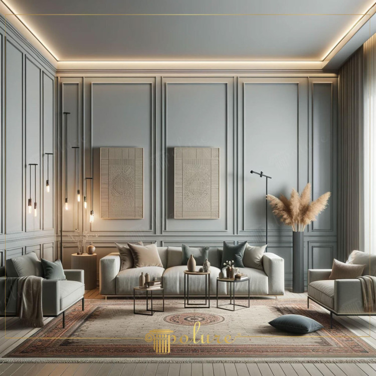 Moderne klassieke woonkamer met polyurethaan wand- en plafondlijsten <h2>Moderne klassieke woonkamerstijl</h2><p>Deze woonkamer straalt een verfijnde balans uit tussen klassiek en modern dankzij de toepassing van <strong>polyurethaan</strong> wandpanelen en plafondlijsten. De geometrische structuur geeft de ruimte een regelmatige ritmiek en legt de nadruk op verticale lijnen die de hoogte accentueren. Dankzij de strakke belijning voelt het ontwerp gedisciplineerd en harmonieus aan.</p><p>Het plafond is voorzien van indirecte <strong>verlichting</strong> die langs de randen een zachte gloed verspreidt. Dit subtiele lichtspel versterkt de moderne dimensie, terwijl de detaillering van de panelen het klassieke karakter behoudt. In de Griekse en Romeinse bouwkunst werden ornamenten vaak toegepast om harmonie en ritme in interieurs te brengen; deze traditie wordt hier eigentijds voortgezet met lichte, maar duurzame polyurethaanelementen.</p><h2>Meubels en decoratie</h2><p>De zithoek bestaat uit ruime banken en fauteuils in lichte tinten, gecombineerd met eenvoudige metalen tafeltjes. Op het grote vloerkleed met een decoratief medaillon zijn zachte symmetrische patronen zichtbaar die de klassieke sfeer versterken. Het gebruik van <strong>textuur</strong> via kussens en stoffen zorgt voor warmte en comfort.</p><p>Decoratieve objecten, waaronder aardewerken vazen en een hoge zwarte vaas met gedroogde pampas, versterken de natuurlijke dimensie van de ruimte. De schilderijen met reliëf en geometrische patronen sluiten visueel aan bij de panelen en dragen bij aan de esthetische samenhang.</p><h2>Materiaal en sfeer</h2><p>Polyurethaan wordt gekozen vanwege zijn lichte gewicht, duurzaamheid en veelzijdigheid. Het materiaal maakt het mogelijk om strakke <strong>profielen</strong> en fijne details te realiseren zonder de massiviteit van traditioneel stucwerk. De combinatie van neutrale kleuren, zachte verlichting en zorgvuldig gekozen accessoires creëert een sfeer van ingetogen elegantie.</p><ul><li>Geometrische wandpanelen met dieptewerking</li><li>Indirecte LED-strip in plafond voor moderne uitstraling</li><li>Decoratief vloerkleed met symmetrisch motief</li><li>Combinatie van natuurlijke accessoires en neutrale tinten</li></ul>
<p>Deze moderne klassieke woonkamer combineert elegante <strong>polyurethaan</strong> lijsten met strakke lijnen. De geometrische wandpanelen creëren ritme en verfijning. Indirecte <strong>verlichting</strong> zorgt voor een zachte gloed. Neutrale tinten in de meubels brengen rust in de sfeer. Het vloerkleed toont ornamentale details en een subtiel medaillon. Natuurlijke elementen brengen textuur en warmte. De combinatie van klassiek en modern oogt evenwichtig. Duurzaam materiaal maakt afwerking soepel en licht. De reliëfschilderijen sluiten aan op de wandstructuur. Kleine metalen tafeltjes voegen minimalistische accenten toe. Pampasgras verhoogt de natuurlijke uitstraling. Kussens en stoffen creëren comfort. Fijn uitgewerkte <strong>profielen</strong> tonen ambachtelijkheid. De kleurstelling blijft harmonieus en ingetogen. Het interieur straalt tijdloze <strong>elegantie</strong> uit.</p>