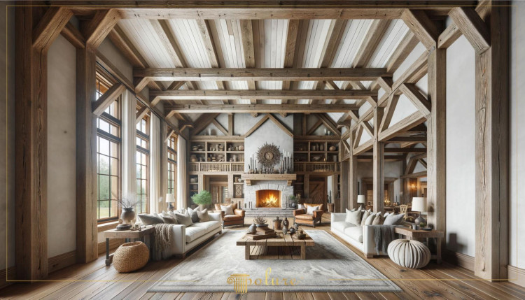 Rustic Living Room with Polyurethane Beams and Classic Warm Interior Design <h2>Rustic Design with Polyurethane Beams</h2><p>The integration of <strong>polyurethane beams</strong> with natural wood textures creates a balanced blend of rustic charm and modern durability. Their placement in symmetrical geometric patterns across the ceiling emphasizes architectural rhythm and gives the room a sense of structured elegance.</p><p>These structural elements are paired with wide vertical windows framed in natural wood, which highlight the connection between interior and exterior space. The beams, finished in light and weathered tones, contrast beautifully with the white ceiling panels, producing depth and warmth.</p><h2>Classic and Inviting Atmosphere</h2><p>The large stone fireplace forms the focal point, featuring a carved mantel with radiating motifs reminiscent of classical sunburst ornamentation. As a nod to historical design, such motifs have roots in Renaissance interiors where symbolism and decorative craft played a pivotal role. Candlesticks and a carefully arranged decorative layer bring added <strong>classic style</strong> and character.</p><p>The choice of furniture, including white sofas, leather armchairs, and a massive wooden coffee table, preserves the <strong>rustic living room</strong> feel with an emphasis on comfort. The placement of textured cushions and throws softens the structured beams, making the atmosphere warmer and homelier.</p><h2>Details and Finishing Touches</h2><p>A light-toned rug featuring subtle geometric and organic motifs ties the seating area together. Its woven patterns contrast the strong lines of the beams, adding gentle texture and depth. Accessories and ceramics displayed on the upper shelving provide a layer of lived-in authenticity without overwhelming the visual flow.</p><p>Historical design principles find subtle echoes here, as the careful harmony between structure, material, and ornamentation mirrors approaches seen in traditional European interiors. The use of <strong>wooden textures</strong>, <strong>stone fireplace</strong>, and naturally lit openings makes this design versatile and enduring.</p><ul><li>Polyurethane beams shaped for a rustic look</li><li>Geometric detailing in ceiling patterns</li><li>Sunburst decorative element above the fireplace</li><li>Combination of stone, leather, and textile contrasts</li></ul>

<p>The rustic living room design highlights the balance between strong architectural bones and elegant detailing. Polyurethane beams recreate the appearance of authentic timber while keeping durability in mind. Their alignment in repeating geometric forms creates harmony throughout the ceiling. White panels between darker woods give distinctive depth to the rustic scheme. Large windows framed in warm wood allow soft daylight to flow into the room. The stone fireplace decorated with a symbolic sunburst relief anchors the design with timeless appeal. Leather armchairs and linen sofas introduce layers of comfort and texture. A low wooden table enhances the handcrafted impression of the interior. The use of a patterned area rug integrates subtle geometry and softness. Open shelving filled with pottery and decor balances practicality and beauty. Neutral walls and structural beams highlight a classical approach to rustic living. Decorative lighting interacts naturally with the wood’s surface. The choice of textiles complements the wooden tones with warmth. Each detail contributes to the sense of a welcoming retreat. This refined composition blends <strong>rustic design</strong>, <strong>wooden beams</strong>, and <strong>stone fireplace</strong> elements in harmony.</p>