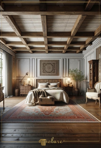 Rustic and Classic Bedroom Design with Polyurethane Beams <h2>Rustic Warmth and Classical Elegance</h2><p>The integration of polyurethane beams in this <strong>bedroom</strong> design creates a coffered ceiling structure that reflects solidity and architectural rhythm. These beams provide the appearance of solid timber while remaining lightweight and practical. Their alignment divides the ceiling into rectangular segments, enhancing proportionality and visual harmony.</p><p>The walls are decorated with elegant panel moldings, and at the core of the composition a large carved square panel serves as an artistic focal point. This wall piece presents elaborate <strong>geometric</strong> and floral motifs reminiscent of classical ornamentation, giving the space a refined texture. The wood-paneled headboard of the bed directly relates to the framework of the beams, establishing a dialogue between ceiling and furniture.</p><h2>Patterns and Historical Allusions</h2><p>A traditional carpet with warm tones and symmetrical motifs spreads beneath the bed, balancing the crisp wall panels and grounding the room. Its repeated borders and intricate designs resemble historic <strong>craftsmanship</strong> common to antique textiles. Such decorated rugs historically acted as both utility and symbol, situating them as cultural anchors in interior design.</p><p>The rustic side tables, vintage storage chest, and tall wooden bookcase enhance the sense of permanence. These elements together with soft lighting fixtures recall a time when handwork and permanence defined interiors. The ceiling structure subtly echoes classical beam arrangements found in Renaissance interiors, where geometry played not only a structural role but also a design principle.</p><h2>Decorative Symmetry and Atmosphere</h2><p>Every section of the space balances rustic and classic aspects: the rigid <strong>woodwork</strong> pairs with soft textiles, while ornate motifs complement the natural <strong>textures</strong> of timber and stone tones. A strategically placed plant adds organic contrast, refreshing the heavy materiality of the beams and panels.</p><ul><li>Polyurethane ceiling beams combining strength and practicality</li><li>Ornate wall panel central focal point</li><li>Intricately patterned rug with geometric symmetry</li><li>Warm wooden floor emphasizing rustic comfort</li></ul><p>Together, these design decisions create a space where rustic warmth and classical harmony blend seamlessly, resulting in a sophisticated bedroom that balances structural geometry with crafted detail.</p>
<p>The bedroom design unites rustic strength with classical detailing. Polyurethane beams frame the ceiling in a way that emphasizes architectural depth. Their placement divides the space into proportional segments. Classical wall panels highlight symmetry along the vertical surfaces. An ornate carved centerpiece on the central wall provides artistic richness. The patterned carpet offers vibrancy through its detailed geometry. Warm wooden floors extend the rustic atmosphere further. Symmetry is echoed in the balanced arrangement of furniture. Lighting design accentuates both rustic and elegant qualities. Decorative motifs deliver textural dimension across the composition. The headboard coordinates with the overhead beams for cohesion. A tall cabinet provides classical utility while emphasizing permanence. Organic greenery softens the structured lines of the design. The chest at the foot of the bed acts as both storage and accent. The overall result achieves intimacy through <strong>harmony</strong> and measured <strong>balance</strong>. This room blends <strong>woodwork</strong>, <strong>textures</strong>, <strong>patterns</strong>, and soft details into a timeless retreat.</p>