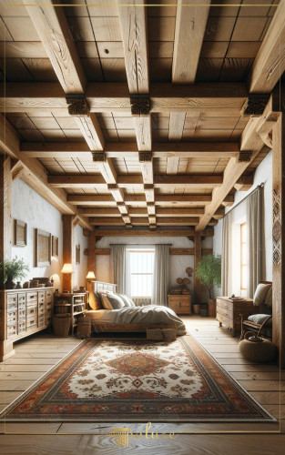 Ρουστίκ υπνοδωμάτιο με πολυουρεθανικές δοκίδες και ζεστή ξύλινη ατμόσφαιρα <h2>Ρουστίκ σχεδιασμός με πολυουρεθανικές δοκίδες</h2><p>Η χρήση των <strong>πολυουρεθανικών δοκίδων</strong> στην οροφή δημιουργεί μια αίσθηση αυθεντικής ξύλινης κατασκευής, με προσεγμένα γεωμετρικά σχήματα που θυμίζουν παλαιά αρχιτεκτονικά συστήματα. Το πλέγμα από δοκίδες προσφέρει σταθερότητα στο μάτι και αναδεικνύει τον ρυθμό στον χώρο.</p><p>Οι επιφάνειες των <strong>ξύλινων επίπλων</strong> ενσωματώνονται αρμονικά, με διακριτή υφή και ζεστή πατίνα που δημιουργεί αίσθηση φυσικής οικειότητας. Οι λεπτομέρειες στις άκρες των δοκίδων φέρνουν μνήμες από παραδοσιακή ξυλογλυπτική, ενώ τα κασόνια και τα συρτάρια με ανάγλυφα σχέδια προσθέτουν βάθος.</p><h2>Διακόσμηση και μοτίβα</h2><p>Το κεντρικό <strong>χαλί</strong> με τα περίτεχνα σχέδιά του παρουσιάζει συμμετρικό διάκοσμο που συνδυάζει <strong>γεωμετρικά μοτίβα</strong> και φυτικές επιρροές σε τόνους του κόκκινου και του μπεζ. Αυτό δίνει μια ζεστή αντίθεση στο ξύλινο πάτωμα και αγκαλιάζει το σύνολο της επίπλωσης.</p><p>Μικρά διακοσμητικά στοιχεία όπως φυτά, κεραμικά και παραδοσιακά αντικείμενα, αναδεικνύουν τον χώρο και συμπληρώνουν την αίσθηση ρουστίκ κομψότητας. Η ιστορική χρήση δοκίδων σε αρχαίες κατόψεις είχε στόχο τη στατική ισορροπία και την αισθητική οργάνωση, κάτι που εδώ μεταφέρεται σε διακοσμητική προσέγγιση.</p><ul><li>Πολυουρεθανικές δοκίδες με γεωμετρική διάταξη</li><li>Ζεστά ξύλινα έπιπλα με παραδοσιακή υφή</li><li>Χαλί με φυτικά και γεωμετρικά μοτίβα</li><li>Απαλός φωτισμός που ενισχύει την ατμόσφαιρα</li></ul>

<p>Το υπνοδωμάτιο με <strong>πολυουρεθανικές δοκίδες</strong> δημιουργεί μια αίσθηση ζεστασιάς και ρουστίκ αυθεντικότητας. Οι ξύλινες επιφάνειες αποπνέουν γαλήνη και οικειότητα. Η συμμετρική δομή των δοκίδων προσθέτει γεωμετρική ισορροπία στον χώρο. Οι λεπτομέρειες στις ενώσεις θυμίζουν παραδοσιακή ξυλογλυπτική. Το <strong>χαλί</strong> με περίτεχνα μοτίβα ενισχύει το ύφος και λειτουργεί ως κεντρικό σημείο. Τα γεωμετρικά και φυτικά σχέδια δίνουν πλούσια οπτική υφή. Ο φυσικός φωτισμός διαχέεται απαλά μέσα από τα παράθυρα. Οι γήινες αποχρώσεις δημιουργούν αίσθηση γαλήνης. Τα ξύλινα έπιπλα δένουν αρμονικά με την οροφή. Οι αποχρώσεις σε μπεζ και καφέ χτίζουν ζεστή ατμόσφαιρα. Η τοποθέτηση φυτών ενισχύει τη φυσικότητα. Τα παραδοσιακά μοτίβα εντάσσονται στην αισθητική του δωματίου. Το σύνολο αναδεικνύει τον ρουστίκ χαρακτήρα. Η χρήση απαλού φωτισμού συμβάλλει στη χαλάρωση. Ο χώρος αποπνέει διαχρονική κομψότητα.</p>