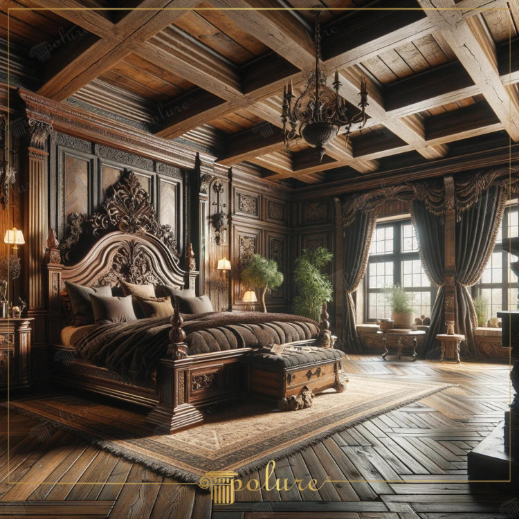 Chambre rustique et classique avec poutres en bois et détails sculptés <h2>Élégance rustique et détails classiques</h2><p>Cette chambre met en valeur l’association entre des poutres en <strong>bois</strong> robustes et des finitions décoratives classiques. Le plafond à caissons géométriques crée une structure visuelle cohérente et soutient l’atmosphère noble de la pièce. Le lit, avec sa tête richement sculptée de motifs floraux et symétriques, rappelle l’influence baroque et souligne le souci du détail artisanal.</p><p>Le <strong>plancher</strong> en chevrons accentue cette recherche d’équilibre en introduisant une géométrie dynamique qui se prolonge à travers toute la chambre. Cette technique de pose apparut en Europe dès la Renaissance, devenant un symbole de maîtrise artisanale et de raffinement.</p><h2>Ambiance et composition décorative</h2><p>Les murs recouverts de panneaux en <strong>bois</strong> sculpté renforcent le caractère chaleureux et prestigieux. Les rideaux pesants, aux plis profonds, enveloppent les fenêtres et diffusent une atmosphère théâtrale, tout en complétant la palette de tons bruns et dorés.</p><p>Le mobilier, tel que le coffre en bois au pied du lit et les tables de chevet ornées, participe à une harmonie qui conjugue <strong>rusticité</strong> et sophistication. Les tapis texturés adoucissent le contraste du <strong>bois</strong> massif, créant une unité sensorielle agréable.</p><ul><li>Poutres en bois massif et plafond à caissons.</li><li>Lit sculpté avec motifs floraux et baroques.</li><li>Parquet en chevrons offrant un rythme visuel marqué.</li><li>Rideaux lourds apportant richesse et intimité.</li></ul><p>Ensemble, ces éléments façonnent un univers intemporel dans lequel la force du matériau brut s’unit à la finesse classique pour offrir une atmosphère véritablement majestueuse.</p>
<p>Cette chambre mélange harmonieusement l’inspiration rustique et le raffinement classique. Le plafond à caissons en <strong>bois</strong> massif instaure un rythme visuel imposant. Le lit monumental est orné de sculptures florales précises et de volutes élégantes. Le parquet en <strong>chevrons</strong> structure l’espace avec des lignes dynamiques et équilibrées. Les murs sont recouverts de panneaux sculptés qui renforcent la chaleur de l’ensemble. Les rideaux, lourds et travaillés, ajoutent une touche théâtrale. La lumière naturelle filtrant par les grandes fenêtres illumine chaque détail décoratif. Le coffre en bois placé au pied du lit souligne l’esprit traditionnel. Les tapis doux adoucissent la rigueur des poutres et du <strong>plancher</strong>. L’alliance des textures crée un confort visuel unique. Chaque élément témoigne d’un savoir-faire artisanal. L’inspiration historique se mêle à un esprit contemporain d’accueil. L’atmosphère générale reste chaleureuse et prestigieuse. L’union de la <strong>rusticité</strong> et de l’élégance classique transforme la chambre en sanctuaire intime. Le résultat est un espace intemporel, équilibré et majestueux.</p>