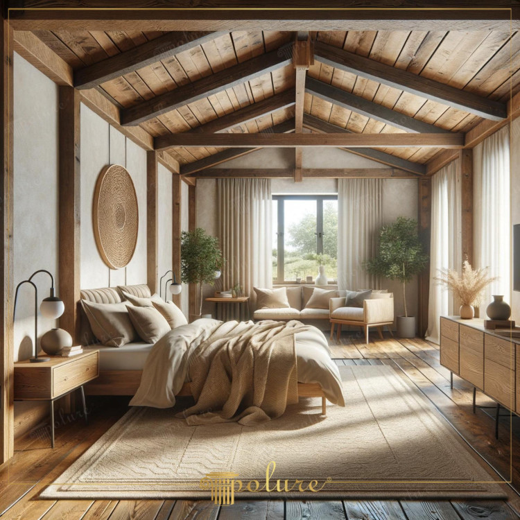 Rustic Bedroom Design with Polyurethane Wooden Beams <h2>Rustic Elegance with Polyurethane Beams</h2><p>The bedroom embraces a warm rustic style highlighted by <strong>polyurethane beams</strong> that replicate authentic timber. These beams bring both visual strength and practical ease, forming geometric structures across the sloped ceiling that create rhythm and harmony. The beams’ natural grain patterns enhance the perception of traditional craftsmanship while retaining modern durability.</p><h2>Natural Textures and Geometric Motifs</h2><p>The design integrates <strong>wooden textures</strong>, soft textiles, and woven accessories. A central wall piece in circular woven form evokes artisanal authenticity, while a rug with subtle geometric line motifs mirrors the symmetry of the beams above. This balance between ceiling geometry and floor pattern adds depth and coherence to the room.</p><p>Neutral fabrics in beige and sand tones soften the sense of structure, complemented by linen curtains that filter light gently through the large window. The furniture follows minimal modern lines yet has strong rustic character through natural wood finishing. Decorative elements such as leafy plants and dried arrangements bring a sense of organic life inside.</p><h2>Historical Echo of Timber Craft</h2><p>The use of wooden beams recalls historical building methods where visible timber played both a functional and aesthetic role, from early European cottages to classical interiors. Modern <strong>polyurethane materials</strong> recreate this timeless feature with resilience, enabling rustic design without compromising structural lightness.</p><p>The room as a whole demonstrates the harmony of <strong>rustic decor</strong> and contemporary comfort, a timeless space where geometry, natural textures, and artisanal motifs meet.</p>

<p>This rustic bedroom highlights the beauty of <strong>polyurethane beams</strong> that recreate traditional timber details. The ceiling forms a striking geometric composition enhanced by rich wooden texture. A woven circular motif on the wall adds artisanal depth and authenticity. Neutral colors such as beige and sand introduce calm and warmth. A soft rug with linear <strong>geometric patterns</strong> reflects the ceiling’s structured rhythm. Minimalist wooden furniture ensures a modern edge within the rustic frame. Curtains and upholstery in linen bring softness to the design. Natural light filters through a large window to establish openness. Potted greenery balances the earthy materials effectively. Decorative vessels and dried plants provide tactile elements. The design blends <strong>rustic decor</strong> with contemporary refinement. Traditional craftsmanship influences appear subtly in every corner. The overall result is timeless comfort and subtle sophistication. <strong>Wood textures</strong> dominate as the unifying element throughout. The space demonstrates both structural harmony and decorative richness. It stands as an elegant model of <strong>rustic bedroom</strong> design with lasting appeal.</p>
