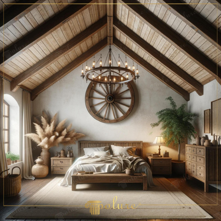 Chambre rustique avec poutres en polyuréthane et mobilier en bois naturel <h2>Une chambre rustique chaleureuse et sophistiquée</h2><p>La pièce se distingue par ses <strong>poutres en polyuréthane</strong> imitant le bois ancien, renforçant l’illusion d’une charpente traditionnelle authentique. Leur disposition géométrique sur le plafond incliné crée des lignes nettes et graphiques qui structurent visuellement tout l’espace.</p><p>Le lit en bois massif s’intègre parfaitement dans cette ambiance, accompagné de tables de chevet et d’une commode ornées de tiroirs simples, soulignant la force du <strong>mobilier rustique</strong>. Devant, un tapis clair adoucit l’ensemble, offrant un contraste tactile et chaleureux avec le plancher en bois foncé.</p><p>L’élément le plus marquant réside dans la grande roue en bois fixée au mur derrière le lit, surmontée d’un lustre circulaire aux bougies, évoquant un héritage rural. Ce jeu de formes circulaires équilibre les lignes strictes des poutres et enrichit le décor. À côté, des vases monumentaux remplis de feuillages séchés ajoutent une touche organique.</p><p>L’esthétique rappelle les maisons campagnardes d’Europe, où les plafonds apparents avaient autrefois une fonction structurelle forte. Utiliser aujourd’hui des <strong>poutres décoratives</strong> en matériaux modernes permet de conserver ce style iconique tout en restant léger et pratique.</p><p>Les textures naturelles, l’harmonie des tons beiges et marron, ainsi que des détails comme la céramique et les tissus en fibre brute, révèlent une atmosphère intemporelle. Ces <strong>détails artisanaux</strong> transforment la chambre en un espace intime, élégant et accueillant.</p>

<p>Cette chambre rustique captive par ses <strong>poutres en polyuréthane</strong> imitant le bois. Elle évoque l’élégance des chalets montagnards. Le plafond incliné crée une forte structure visuelle. Le lit en bois complète parfaitement l’atmosphère. Une grande roue murale apporte une touche patrimoniale unique. Le lustre circulaire renforce l’effet chaleureux de la pièce. Le parquet sombre contraste avec les textiles clairs. Les vases en fibres naturelles ajoutent une note organique. Les meubles simples soulignent l’authenticité rustique. La lumière douce améliore le confort global. Les teintes beiges et brunes créent un sentiment apaisant. La disposition symétrique renforce l’harmonie. Les <strong>motifs géométriques</strong> du plafond rappellent des traditions anciennes. L’ensemble démontre l’équilibre entre classicisme et confort moderne. Ce décor inspire une véritable invitation à la détente.</p>