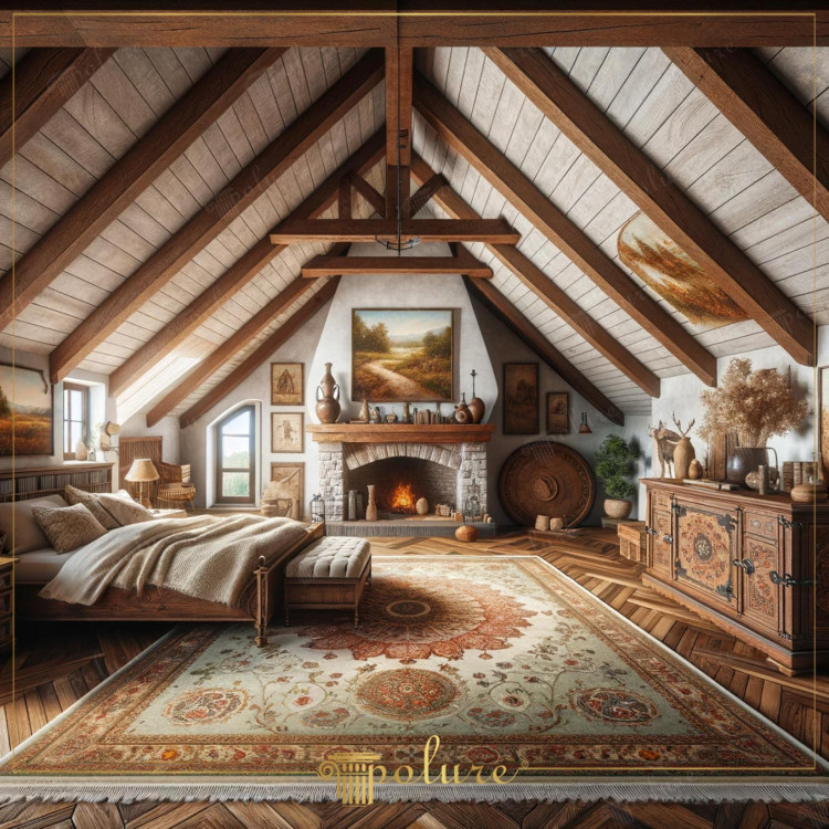 Rustieke klassieke slaapkamer met polyurethaan balken en verfijnde details <h2>Rustieke elegantie in de slaapkamer</h2><p>De slaapkamer toont een harmonieuze mix van warmte en klassieke esthetiek, waarbij <strong>polyurethaan balken</strong> het plafond verfraaien en structuur bieden. Deze balken stralen dezelfde charme uit als hout, maar voegen duurzaamheid en praktisch gemak toe.</p><p>De natuursteen open haard vormt het hart van de ruimte en geeft zowel warmte als een gevoel van historische sfeer. In de klassieke architectuur van Europa werd de haard vaak gezien als middelpunt van huiselijk leven, en dit ontwerp brengt dat erfgoed subtiel tot leven.</p><h2>Decoratieve details en patronen</h2><p>Het sierlijke vloerkleed vormt een centraal element met zijn rijke bloemen- en geometrische motieven. De combinatie van zachte crèmekleuren en warme roodtinten versterkt de <strong>rustieke stijl</strong> en creëert een uitnodigende ambiance.</p><p>De houten dressoirs zijn versierd met zorgvuldig uitgesneden patronen die klassieke <strong>ornamenten</strong> weerspiegelen. Deze details geven de ruimte een luxueuze, maar toch ontspannen uitstraling.</p><ul><li>Zachte texturen en warme kleuren verhogen het comfortgevoel.</li><li>Kunstwerken en aardewerken objecten versterken de <strong>historische sfeer</strong>.</li><li>De open compositie zorgt voor licht, balans en harmonie in de slaapkamer.</li></ul><h2>Een tijdloze combinatie</h2><p>Dit ontwerp bewijst dat de combinatie van <strong>klassiek design</strong>, polyurethaan elementen en natuurlijke materialen een tijdloze elegantie kan bieden. Het geheel vertelt een verhaal van rust en verfijning, waar authenticiteit en praktische schoonheid samenkomen.</p>

<p>Deze slaapkamer straalt een gevoel van rust uit. De aanwezigheid van <strong>polyurethaan balken</strong> geeft karakter. Het houten patroon in het plafond benadrukt authenticiteit. Een klassieke open haard zorgt voor gezelligheid. Het grote vloerkleed met sierlijke geometrie voegt warmte toe. De florale motieven versterken de traditionele uitstraling. Een houten kast met uitgesneden ornamenten toont verfijning. De muren met schilderijen scheppen historische continuïteit. Decoratieve vazen en manden verrijken de ruimte subtiel. Zachte texturen nodigen uit tot ontspanning. Natuurlijk licht accentueert de architectonische lijnen. De combinatie van hout en steen bewaart balans. Deze ruimte verbindt oud en nieuw harmonieus. Elk detail is zorgvuldig ontworpen. Dit interieur ademt pure <strong>rustieke stijl</strong> en verfijnde elegantie.</p>