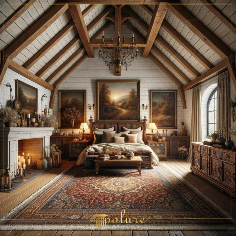 Rustykalna sypialnia z poliuretanowymi belkami i klasycznym dywanem <h2>Rustykalna elegancja w nowoczesnym wydaniu</h2><p>Prezentowana sypialnia stanowi doskonały przykład, jak <strong>rustykalne</strong> i <strong>klasyczne</strong> elementy można połączyć w spójną, elegancką przestrzeń. Poliuretanowe belki stropowe imitujące naturalne drewno wprowadzają rytm i przyjemne ciepło, a jednocześnie są lekkie i praktyczne. Strop nawiązujący do architektury dawnych domów wiejskich dodaje całości charakteru i głębi.</p><p>Centralnym punktem aranżacji jest drewniane łóżko o symetrycznym, bogato zdobionym wezgłowiu. Nad nim zawieszono trzy obrazy pejzażowe w złoconych ramach, wzmacniające klasyczny nastrój i nadające wnętrzu artystyczny wymiar. Dekoracyjny kominek flankowany świecami podkreśla sielski atmosferyczny klimat.</p><h2>Wzory, kolory i detale</h2><p>Podłogę zdobi duży <strong>dywan</strong> o orientalnym wzorze, w którym geometryczne rozety i roślinne arabeski harmonijnie łączą się z bogatą paletą barw – od głębokiej czerwieni po chłodny granat i subtelny beż. Ten element nadaje wnętrzu reprezentacyjny charakter, podkreślając symetrię kompozycji.</p><p>Drewniane meble z frontami ozdobionymi rzeźbionymi ornamentami florystycznymi oraz ciężkie zasłony z miękkiej tkaniny dopełniają aranżacji. Całość tworzy harmonijne połączenie, które nadaje pomieszczeniu luksusowego, ale zarazem przytulnego klimatu.</p><p>Historia wykorzystania belek jako motywu dekoracyjnego sięga antyku i architektury romańskiej oraz gotyckiej, gdzie pełniły one rolę konstrukcyjną i zdobniczą. W tym projekcie poliuretanowe profile nawiązują do tej tradycji, łącząc ją ze współczesnymi technologiami.</p>

<p>Ta sypialnia łączy <strong>rustykalne</strong> piękno z nowoczesnymi rozwiązaniami. Poliuretanowe belki podkreślają konstrukcję dachu. Obrazy pejzażowe nadają wnętrzu klasyczną elegancję. Kominek ozdobiony świecami wzmacnia przytulność wnętrza. Drewniane meble przedstawiają kunszt rzemiosła. Rzeźbione ornamenty roślinne uzupełniają całość. Wyrazisty <strong>dywan</strong> w geometrycznym stylu nadaje charakter. Kolory czerwieni, granatu i beżu tworzą zbalansowaną harmonię. Złocone ramy obrazów dodają świetności. Symetria aranżacji wpływa na harmonię przestrzeni. Ciężkie zasłony miękko opadające podkreślają intymność. Styl nawiązuje do tradycji europejskich wnętrz. Poliuretanowe detale wnoszą nowoczesną lekkość. Klasyczne układy wzorów nadają ponadczasowy charakter. To wnętrze jest idealnym kompromisem komfortu i elegancji.</p>