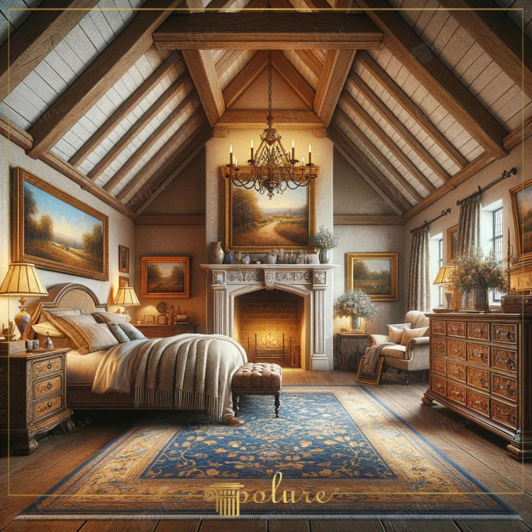 Rustykalna sypialnia z poliuretanowymi belkami i klasycznymi detalami <h2>Rustykalny urok połączony z klasyką</h2><p>Sypialnia została zaprojektowana tak, aby tworzyć atmosferę równowagi między <strong>rustykalnym</strong> charakterem a <strong>klasyczną</strong> elegancją. Wyeksponowane poliuretanowe belki na suficie nadają wnętrzu geometrycznej struktury, która idealnie komponuje się z miękkim światłem bijącym od kominka.</p><p>Dywan w odcieniach granatu i złota dekorowany jest bogatymi, <strong>motywami roślinnymi</strong>, które nadają wnętrzu luksusowy i dostojny wygląd. Wzór tkaniny podkreśla harmonię i rytm całej przestrzeni, uzupełniający proste linie ścian i strukturę drewnianej podłogi.</p><h2>Detale architektoniczne i dekoracyjne</h2><p>Kominek z rzeźbioną oprawą odwołuje się do klasycznych inspiracji, które mają swoje korzenie w antycznych porządkach architektury, takich jak <strong>koryncki</strong> czy <strong>dorycki</strong>, wykorzystując delikatne ornamenty roślinne i symetryczne linie. Obrazy w złoconych ramach i kryształowy żyrandol uzupełniają styl i dodają wrażenia wytworności.</p><ul><li>Masywne drewniane komody z dekoracyjnymi intarsjami.</li><li>Ciężkie zasłony w neutralnych odcieniach.</li><li>Symetryczne ustawienie oświetlenia i dodatków.</li></ul><p>Całość tworzy przestrzeń, w której geometryczne podziały i dekoracyjne motywy przenikają się w harmonijny sposób, budując wyjątkowy klimat odpoczynku i luksusu.</p>

<p>W tej sypialni panuje połączenie elegancji i ciepła. Poliuretanowe belki wyróżniają się geometryczną formą. Klasyczne meble dodają wnętrzu harmonii. Dominują naturalne faktury i delikatne tkaniny. <strong>Rustykalny</strong> klimat uzupełniają złocone ramy obrazów. Kominek z rzeźbionymi elementami jest centralnym punktem aranżacji. Miękkie światło lamp tworzy atmosferę spokoju. Dywan o bogatych motywach roślinnych podkreśla styl wnętrza. Granat i złoto wprowadza luksusowe akcenty. <strong>Symetria</strong> kompozycji zwiększa estetyczny ład. Wzory intarsji na komodach ożywiają przestrzeń. Historyczne inspiracje klasyczne dodają głębi. <strong>Kompozycja</strong> kolorów jest zbalansowana i spokojna. Rustykalne elementy konstrukcji podkreślają przytulność. Całość tworzy wyjątkowy przykład klasyczno-rustykalnej sypialni.</p>