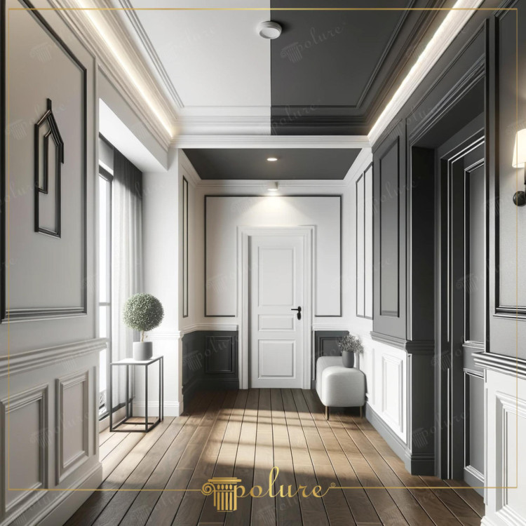 Nowoczesny klasyczny korytarz z poliuretanowymi listwami <h2>Nowoczesna klasyka w korytarzu</h2><p>Projekt korytarza wykorzystuje <strong>poliuretanowe listwy</strong> do stworzenia eleganckich ram, które nadają ścianom rytmiczny i geometryczny charakter. Kontrast pomiędzy jasnymi i ciemnymi panelami na ścianach sprawia, że przestrzeń staje się bardziej dynamiczna i głębsza wizualnie.</p><p>Na suficie zastosowano subtelne podziały uzupełnione oświetleniem LED, co podkreśla <strong>nowoczesny</strong> wymiar wnętrza i równocześnie uwydatnia klasyczne detale. Drewniany parkiet w ciepłym odcieniu brązu łagodzi kontrast ścian, dodając poczucia przytulności.</p><h2>Detale i kompozycja</h2><p>W aranżacji wykorzystano prostokątne sztukaterie oraz <strong>klasyczne motywy</strong>, które przywodzą na myśl tradycyjne wzory architektoniczne, znane już w epoce renesansu i baroku. Takie podejście odwołuje się do historii, jednocześnie integrując je z nowoczesnymi rozwiązaniami.</p><p>Minimalistyczne meble, takie jak tapicerowane siedzisko i proste stoliki, harmonizują z bogactwem ściennych detali. Równowaga między <strong>geometrią</strong> form, światłem i materiałami daje efekt przestrzeni luksusowej, ale nieprzytłaczającej.</p><ul><li><strong>Sztukaterie poliuretanowe</strong> jako motyw przewodni</li><li>Połączenie jasnych i ciemnych odcieni</li><li>Oświetlenie LED integrujące sufit z dekoracją</li><li>Drewniana podłoga w naturalnym tonie</li></ul>
<p>Korytarz w stylu nowoczesnej klasyki ukazuje, że detale mają ogromne znaczenie. Listwy z <strong>poliuretanu</strong> nadają ścianom rytm i elegancję. Geometria prostokątnych ram wzmacnia poczucie porządku. Połączenie jasnych i ciemnych paneli dodaje kontrastu. Subtelne oświetlenie LED wyróżnia linię sufitu. Drewniany parkiet wprowadza ciepło i naturalność. Wnętrze jest zarazem wytworne i przytulne. Minimalistyczne meble nie przytłaczają aranżacji. Dekoracyjne podziały ścian są inspirowane klasyką. Historyczny charakter sztukaterii przenika się z nowoczesnością. Powściągliwa kolorystyka tworzy harmonię. Starannie dobrane proporcje nadają całości rytm. Każdy detal ma znaczenie w budowie kompozycji. <strong>Nowoczesny klasycyzm</strong> podkreśla równowagę. Efekt końcowy to wnętrze pełne stylu i ponadczasowej estetyki.</p>