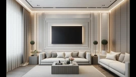 Decoração de sala clássica moderna com painéis de poliuretano atrás da TV Decoração de sala em estilo clássico modernoO projeto apresenta um equilíbrio entre tradição e contemporaneidade por meio do uso de 