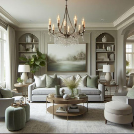 Modern Classic Living Room with Polyurethane Details and Soft Green Accents