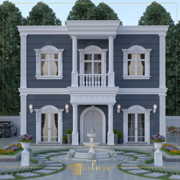 Zgjidhje Neoklasike me Kolona Poliuretani dhe Strehë Elegante për Vila <h2>Elegancë Neoklasike në Dizajnin e Vilave</h2><p>Arkitektura e kësaj vile neoklasike përfshin përdorimin e <strong>kolonave</strong> të punuara në detaj dhe të mbështetura mbi baza të forta, duke krijuar një ndjesi prestigji dhe stabiliteti. Materiali i përdorur, poliuretani, kombinohet me një estetikë tradicionale për të garantuar jetëgjatësi dhe lehtësi mirëmbajtjeje.</p><p>Ballkoni qendror me parmakë të hollë të zbukuruar mbi portën hyrëse shton një dimension romantik dhe shfaq qartazi ndikimet e <strong>dizajnit neoklasik</strong>. Dritaret janë të rrethuara me ornamente harkore dhe korniza të pasura, detaje që pasqyrojnë frymën e arkitekturës së shekujve XVIII dhe XIX. Ngjyra blu e errët e fasadës krijon kontrast të fortë me elementët dekorativë të bardhë, duke nxjerrë në pah strukturën e shtëpisë.</p><p>Shatërvani qendror në oborr, me detaje rrethore dhe gdhendje të hollësishme, përforcon ndjesinë e luksit dhe harmonisë. <strong>Saçakët</strong> të theksuar me linja horizontale, së bashku me kolonat e përpunuara, shtojnë një ndjesi hierarkie vizuale dhe madhështie. Këto elemente frymëzohen nga modelet e lashta greke si <strong>Dorik</strong>, <strong>Jonik</strong> dhe <strong>Korint</strong>, të cilat janë përdorur historikisht në tempuj e struktura monumentale.</p><ul><li>Kolona me proporcione të balancuara</li><li>Strehë klasike me zbukurime gjeometrike</li><li>Dritare të dekoruara me harkime artistike</li><li>Shatërvan qendror me ornamente të përpunuara</li></ul><p>Kombinimi i këtyre elementeve sjell një ndërthurje unike të traditës dhe modernitetit, ku estetika klasike gërshetohet me teknologjinë moderne të materialeve si <strong>poliuretani</strong>.</p>

<p>Kjo vilë neoklasike paraqet një kombinim harmonik midis traditës dhe modernitetit. Kolonat e punuara me kujdes i japin fasadës një ndjesi madhështie. Strehët e dekoruara theksojnë linjat horizontale dhe krijojnë ekuilibër vizual. Ballkoni qendror mbi hyrje reflekton elegancë dhe proporcione të sakta. Kornizat e dritareve janë zbukuruar me motive harkore klasike. Fasada blu e errët krijon një kontrast tërheqës me elementët e bardhë. Shatërvani qendror rrit atmosferën monumentale të oborrit. Përdorimi i <strong>poliuretani</strong> garanton qëndrueshmëri dhe lehtësi montimi. Ndikimet nga <strong>Dorik</strong>, <strong>Jonik</strong> dhe <strong>Korint</strong> japin autenticitet klasik. Oborri me shtigje guri dhe tufa me lule e pasuron stilin e vilës. Elementet dekorative reflektojnë cilësi të lartë artistike. Projektimi fokusohet tek funksionaliteti dhe estetikën e qëndrueshme. Zgjidhjet strukturore sjellin harmoni në çdo detaj. Ky model përfaqëson një shembull të përkryer të arkitekturës neoklasike. Vilat e tilla sjellin luks dhe traditë të bashkuara në një hapësirë elegante.</p>