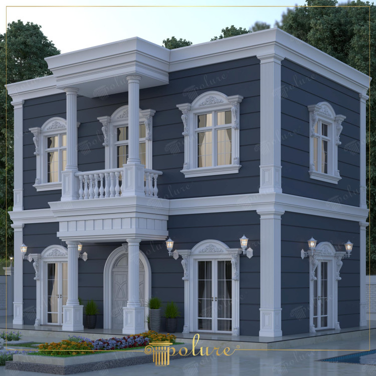 Villa neoklasike me fasadë poliuretani me elementë dekorativë elegantë <h2>Arkitektura dhe detajet estetike</h2><p>Kjo vilë neoklasike përdor materiale me bazë <strong>poliuretan</strong> për elementët dekorativë, duke ofruar jo vetëm estetikë por edhe rezistencë ndaj kushteve atmosferike. Fasadën e karakterizojnë kolona të larta, të cilat ngjajnë me traditën e <strong>stil klasik</strong> të arkitekturës perëndimore.</p><p>Dritaret janë të zbukuruara me kurora arkitektonike të harkuara, ndërsa relievet mbi to theksojnë motive me frymë <strong>gjeometrike</strong> dhe detaje të përpunuara. Ballkoni i katit të dytë shquhet për parmakët me forma të harkuara, që sjellin harmoni dhe simetri në kompozimin e ndërtesës.</p><p>Ngjyra e errët e mureve ndërthuret me zbukurimet e bardha, duke krijuar një <strong>kontrast estetik</strong> të fortë dhe të kontrolluar. Kjo lojë ngjyrash rrit thellësinë vizuale të strukturës.</p><p>Për më tepër, ndriçuesit e murit në formë klasike amplifikojnë ndjesinë e sofistikimit gjatë natës. Format lineare dhe motivet e skalitura me kujdes i japin ndërtesës një frymë <strong>simetrie</strong> dhe qëndrueshmërie vizuale.</p><p>Arkitektura neoklasike ka rrënjët e saj te traditat e Greqisë dhe Romës së lashtë, të cilat përmes kolonave, frizave dhe balustradave kanë ushtruar ndikim të thellë në arkitekturën europiane nga shekulli XVIII e më tej.</p><ul><li>Kolona elegante me kapitele dekorative</li><li>Dritare me hark dhe zbukurime klasike</li><li>Balustradë e punuar me stil simetrik</li><li>Detaje reliev i punuar në fasadë</li></ul>

<p>Kjo vilë ofron një estetikë të veçantë me frymë <strong>neoklasike</strong>. Fasada është e punuar me <strong>poliuretan</strong> për të garantuar rezistencë dhe harmoni arkitektonike. Kolonat me kapitele të zbukuruara theksojnë karakterin klasik të ndërtesës. Ballkoni i katit të dytë sjell një ndjesi aristokratike. Dritaret me hark dhe ornamente të bardha ofrojnë elegancë vizuale. Ngjyra e errët blu krijon një kontrast të fuqishëm me elementët e bardhë. Ndriçimi i jashtëm përforcon karakterin e sofistikuar. Motivet <strong>gjeometrike</strong> japin ritëm vizual në çdo detaj. Harmonia e linjave dhe volumit e bën projektin të qëndrueshëm estetikisht. Ornamentet e qarta evokojnë ndikimin e arkitekturës së lashtë. Struktura dykatëshe është funksionale dhe madhështore njëkohësisht. Përzgjedhja e detajeve me <strong>simetri</strong> pasqyron kujdes të veçantë në dizajn. Balustradat me formë klasike shtojnë dimension dekorativ. Fasada është një kombinim i gjallë i modernitetit dhe traditës. Kjo vilë është ideal për ata që kërkojnë rafinim estetik dhe jetëgjatësi.</p>