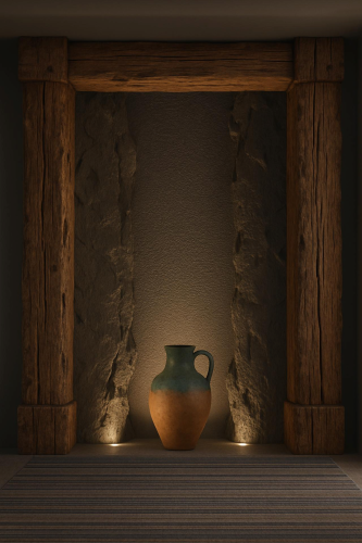 Rustieke salondecoratie met polyurethaan paneel en aardewerken kruik <h2>Rustieke elegantie in de salon</h2><p>De decoratie maakt gebruik van een <strong>polyurethaan paneel</strong> dat de illusie van massieve rotsen oproept, omkaderd door robuuste houten balken. Dit zorgt voor een warme en authentieke uitstraling die perfect past in een klassiek of landelijk interieur.</p><p>Centraal staat een <strong>aardewerken kruik</strong> met een subtiele tweekleurige overgang van groen naar terracotta. De matte textuur benadrukt het ambachtelijke karakter en creëert een sterk contrast met de ruige achtergrond.</p><p>De houten stijlen hebben zichtbare nerven en onregelmatige details, wat een uitgesproken <strong>rustieke sfeer</strong> versterkt. Samen met de zachte verlichting die van onderaf de kruik accentueert, ontstaat er een intieme en elegante compositie.</p><h2>Decoratieve balans en ritme</h2><p>Het strakke vloerkleed met lineair patroon doorbreekt de ruigheid van steen en hout en voegt een subtiel <strong>geometrisch motief</strong> toe aan het geheel. Deze balans tussen harde en zachte elementen maakt de ruimte bijzonder aangenaam.</p><p>Kort historisch: houten draagconstructies zoals deze herinneren aan traditionele boerderijen en bergwoningen in Europa, waar robuuste materialen niet enkel functioneel waren maar ook een esthetische rol speelden. Polyurethaan panelen bieden vandaag dezelfde visuele kracht met hedendaagse duurzaamheid.</p>

<p>Deze rustieke decoratie legt de nadruk op een sfeervolle harmonie van <strong>hout</strong>, <strong>steen</strong> en een <strong>aardewerken kruik</strong>. Het gebruik van polyurethaan panelen geeft een realistische rotsstructuur. De kruik vormt een centraal ornament dat ambachtelijkheid uitstraalt. Robuuste houten stijlen omlijsten de compositie. Subtiele verlichting versterkt de natuurlijke texturen. Het tapijt met fijne lijnen voegt visuele rust toe. De combinatie van ruigheid en elegantie is evenwichtig. Historische verwijzingen naar traditionele interieurs maken het ontwerp tijdloos. Het kleurverloop van de kruik trekt het oog naar het centrum. Steen- en houtmotieven geven structuur en massa. Het geheel voelt warm en authentiek aan. Geometrische patronen contrasteren met organische vormen. De balans tussen licht en schaduw schept diepte. Dit ontwerp is geschikt voor klassieke en landelijke sferen. Het resultaat is een uitnodigende en stijlvolle ruimte.</p>