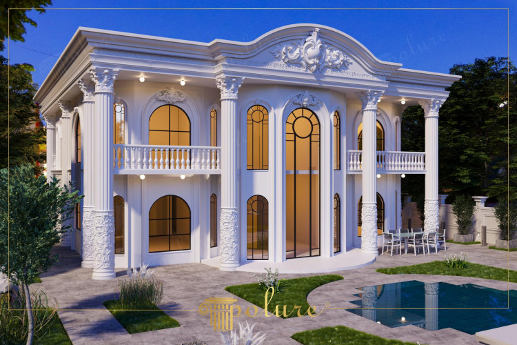 Klassische Villa Fassadengestaltung mit Polyurethan und Prekast <h2>Eleganz durch Polyurethan und Prekast</h2><p>Die Fassade dieser Villa vereint moderne Materialien mit klassischem Stil. Durch den Einsatz von <strong>Polyurethan</strong> und <strong>Prekast</strong> entstehen leichte, aber zugleich äußerst widerstandsfähige Elemente, die sich perfekt für filigrane Ornamente und großflächige Dekoration eignen.</p><p>Besonders auffällig sind die hohen, mit floralen Mustern verzierten <strong>Säulen</strong>, die im unteren Bereich detailreich graviert sind. Ihre vertikale Struktur erinnert an römisch-dorische Vorbilder, während die verzierten Kapitelle barocke Pracht zitieren. Diese Architekturelemente verleihen dem Bauwerk eine unverkennbare historische Anmutung.</p><p>Weitere Gestaltungshighlights sind die symmetrisch angeordneten Rundbogenfenster mit schwarzen Metallrahmen, die großzügig Licht ins Innere strömen lassen. Über dem Eingang befindet sich ein dekoratives Ornament mit geschwungenen Blattformen, das den repräsentativen Charakter betont. Die Balustraden im Obergeschoss ergänzen die klassizistische Wirkung und schaffen in Kombination mit den dekorativen Bögen einen harmonischen Rhythmus.</p><p>Historisch betrachtet wurden solche Elemente bereits in der Renaissance und im Barock eingesetzt, um Villen und Paläste monumental erscheinen zu lassen. Moderne Technologien wie Prekast machen diese Ästhetik heute jedoch deutlich leichter und ökonomischer umsetzbar.</p><ul><li><strong>Rundbogenfenster</strong> für Transparenz und offene Wirkung</li><li><strong>Ornamentale Kapitelle</strong> als klassisches Gestaltungselement</li><li>Leichte und ökonomische Umsetzung durch <strong>Prekast</strong></li></ul><p>Das Gesamtkonzept verbindet klassische Eleganz mit moderner Funktionalität und setzt ein starkes architektonisches Statement.</p>
<p>Die Villa kombiniert moderne Materialien mit klassischem Stil. Hohe <strong>Säulen</strong> mit Ornamenten betonen die vertikale Eleganz. Großzügige Rundbogenfenster schaffen Lichtfülle im Inneren. Die weiße Fassade strahlt feine Harmonie und Klarheit aus. Kapitelle mit floralen Verzierungen erinnern an barocke Architektur. Über dem mittleren Fenster thront ein dekoratives Relief. Die umlaufende <strong>Balustrade</strong> verstärkt den edlen Ausdruck. <strong>Polyurethan</strong> sorgt für Leichtigkeit und Stabilität. <strong>Prekast</strong> ermöglicht komplexe Muster und schnelle Umsetzung. Die Kombination erzeugt zeitlose Ästhetik. Klassische Motive harmonieren mit modernen Linien. Der Vorgarten mit Pool verleiht luxuriöse Atmosphäre. Geometrische Plattenwege strukturieren die Außenanlage. Jede Ansicht wirkt symmetrisch und ausgewogen. Das Gesamtergebnis verbindet Kunst und Architektur in perfekter Balance.</p>