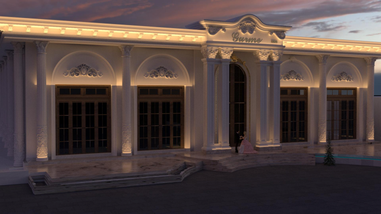 Fasadë klasike poliuretani për sallon dasmash elegant <h2>Dizajn klasik me poliuretan për sallon dasmash</h2><p>Fasada e sallonit të dasmave është e realizuar me <strong>poliuretan</strong> të cilësisë së lartë, duke dhënë një përfundim elegant dhe qëndrueshmëri ndaj kushteve të jashtme. Kolonat e holla dhe vertikale me motive të gdhendura pasqyrojnë frymën e arkitekturës klasike.</p><p>Ndriçimi i vendosur përgjatë vijës së çatisë dhe mbi <strong>kolona</strong> thekson relievet dekorative dhe zbukurimet me motive floreale. Ornamentet e harkuara mbi dyert e mëdha pasqyrojnë një <strong>harmoni</strong> mes formave gjeometrike dhe detajeve artistike. Shkallët e gurta dhe dyshemeja me sipërfaqe mermeri krijojnë një hyrje madhështore.</p><h2>Elemente dekorative dhe simetria</h2><p>Detajet e punuara me kujdes në pjesën e sipërme të kolonave përkujtojnë korrigjimet e stilit <strong>neoklasik</strong>. Ornamentet e spiraleve dhe gdhendjeve pasqyrojnë ndikime historike nga rendet Korintike dhe Jonike. Kjo zgjidhje lidh traditën antike me estetiken bashkëkohore për hapësira solemne.</p><ul><li>Strukturë me <strong>simetri</strong> të përsosur.</li><li>Motivet floreale në harkimet e dritareve.</li><li>Përdorim i gjerë i mermerit dhe gurit natyror.</li><li>Ndriçim i ngrohtë për atmosferë romantike.</li></ul><p>Kombinimi i këtyre elementeve krijon një ambient që pasqyron luks, solemnitet dhe përjetësi.</p>

<p>Ky sallon dasmash ka një fasadë të ndërtuar me <strong>poliuretan</strong>. Kolonat e larta mbajnë një ritëm të rregullt vizual. Ornamentet floreale japin një ndjesi bukurie delikate. Ndriçimi i ngrohtë thekson relievet zbukuruese. Struktura ka një hyrje madhështore me shkallë mermeri. Dritaret me hark përmirësojnë ekuilibrin klasik. Dekorimi është i frymëzuar nga arkitektura neoklasike. <strong>Kolona</strong> vertikale simbolizojnë forcë dhe stabilitet. Simetria e ndërtesës krijon harmoni. Përdorimi i gurit natyror jep qëndrueshmëri. Harku qendror me dekorim të imët është një element kyç. Fasada transmeton një atmosferë solemne. Ndriçimi i stilizuar forcon elegancën. <strong>Harmonia</strong> mes detajeve të lashta dhe formave moderne është e dukshme. Ky projekt ofron një hapësirë luksoze dhe funksionale.</p>