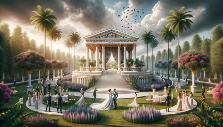 Décoration romantique de mariage en jardin avec colonnes antiques <h2>Un décor classique pour un mariage en plein air</h2><p>Le pavillon central, entouré de <strong>colonnes</strong> blanches ornées de chapiteaux dorés, se dresse comme une pièce maîtresse incontournable. Le fronton sculpté révèle des <strong>motifs</strong> floraux et géométriques qui rappellent les traditions du design antique. Il s’agit d’un lieu idéal pour accueillir une cérémonie pleine de solennité et de charme.</p><p>Les larges escaliers qui mènent à la plateforme sont encadrés par des <strong>escaliers monumentaux</strong> et des compositions florales séduisantes. Les invités cheminent entre des allées bordées de palmiers et d’arbres taillés avec raffinement, créant une mise en scène digne des plus grands palais.</p><p>Historiquement, les colonnes corinthiennes avec leur décoration végétale raffinée symbolisaient la magnificence et la grâce. Ici, elles sont réinterprétées dans un cadre nuptial moderne tout en conservant leur puissance évocatrice. La combinaison de <strong>symétrie</strong>, de pierre claire et de dorures subtiles produit un effet théâtral et romantique.</p><h2>Éléments clés du design</h2><ul><li>Colonnes classiques en polyuréthane avec chapiteaux sculptés</li><li>Fronton richement orné de reliefs floraux</li><li>Escaliers monumentaux menant à un plateau central</li><li>Alignements parfaits de végétation et de palmiers</li><li>Massifs colorés de fleurs encadrant l’espace</li></ul><p>Ce type de décor conjugue tradition antique et poésie contemporaine, idéal pour des cérémonies élégantes et mémorables. La richesse des <strong>détails</strong> ornementaux et la rigueur géométrique offrent un cadre unique, digne d’un mariage royal.</p>

<p>Ce décor de mariage extérieur évoque une atmosphère romantique et majestueuse. Le pavillon central repose sur des <strong>colonnes</strong> élancées ornées de dorures raffinées. Les invités découvrent un escalier monumental menant à une plateforme solennelle. Le fronton sculpté associe des <strong>motifs</strong> géométriques et floraux classiques. La symétrie parfaite du jardin structure une mise en scène harmonieuse. Des alignements d’arbres et des palmiers imposants amplifient la perspective. Les arrangements floraux colorés créent un contraste poétique subtil. L’ensemble développe une ambiance de charme antique et élégant. Les <strong>détails</strong> architecturaux rappellent le faste des temples grecs. La lumière douce valorise chaque relief sculpté avec intensité. Les invités circulent dans des allées équilibrées et monumentales. La combinaison de pierre blanche et de dorures inspire la noblesse. Ce cadre monumental favorise des instants solennels et féeriques. Le design antique revisité s’adapte parfaitement aux mariages modernes. L’harmonie spatiale offre une expérience visuelle exceptionnelle.</p>