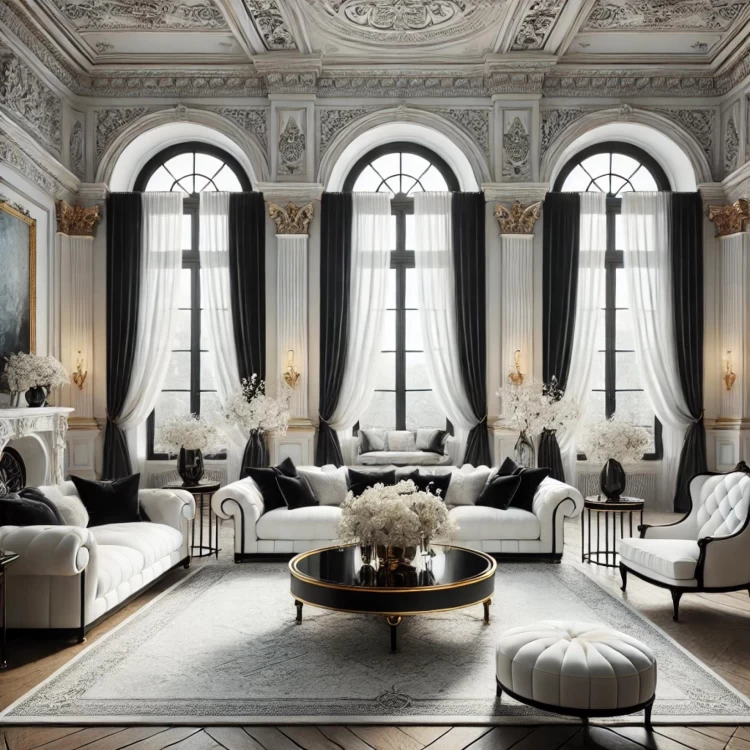 Polyurethaan klassieke salondecoratie met elegante details en verfijnd ontwerp <h2>Klassieke elegantie met polyurethaan details</h2><p>De salon presenteert een indrukwekkend samenspel van <strong>polyurethaan</strong> afwerkingen, rijkelijk versierde plafonds en verfijnde wanddetails. Deze klassieke esthetiek benadrukt architectonische harmonie, waarbij symmetrie en balans de basis vormen.</p><p>Hoge boogramen bekleed met zwart-witte gordijnen voegen een krachtige <strong>contrastwerking</strong> toe, terwijl de vergulde kapitelen de overgang naar de muren en plafonddetails benadrukken. Centraal in de ruimte staat een ronde tafel met gouden rand, die fungeert als visueel middelpunt.</p><h2>Meubilair en compositie</h2><p>De banken met zachte, gewatteerde vormen en afgeronde leuningen brengen comfort samen met klassieke uitstraling. Een gestoffeerde poef en sierlijk vormgegeven fauteuil creëren een gevoel van intimiteit en uitnodiging. De opstelling concentreert zich rond het centrale punt, waardoor een <strong>harmonisch interieur</strong> ontstaat dat uitnodigt tot samenzijn.</p><p>Het tapijt met subtiele patronen verzacht de vloer, terwijl bloemstukken in zachte tinten de ruimte luchtigheid geven. Hierdoor ontstaat een speelse dynamiek die de <strong>interieurdecoratie</strong> verrijkt.</p><h2>Korte historische noot</h2><p>De decoratieve plafondornamentiek is geïnspireerd op 18e- en 19e-eeuwse Europese salons, waarin <strong>ornament</strong> en symmetrie een belangrijk onderdeel vormden van representatieve interieurs. Dit salon volgt die traditie en vertaalt ze naar een eigentijdse klassiek geïnspireerde context.</p>

<p>Deze klassieke salon toont hoe <strong>polyurethaan</strong> details elegantie versterken. Het plafond is rijkelijk voorzien van <strong>ornament</strong> en vergulde accenten. Grote ramen creëren een lichte sfeer. De gordijnen combineren zwart en wit in een dramatisch contrast. Banken met gewatteerde afwerkingen zorgen voor comfort. Een ronde tafel met gouden omlijsting vormt een centraal middelpunt. Subtiele bloemstukken voegen zachtheid toe. Het tapijt verzacht de ruimte en benadrukt de symmetrie. Fauteuils en poefs geven extra charme. De architectuur ademt klassieke grandeur. Polyurethaan patronen brengen duurzaamheid en detail. De balans tussen licht en donker is zorgvuldig gekozen. Historische verwijzingen versterken de sfeer. De ruimte voelt zowel luxueus als uitnodigend. Deze salon illustreert verfijnde <strong>interieurdecoratie</strong> in perfecte balans.</p>