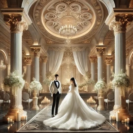 Klasyczna dekoracja sali weselnej z poliuretanu i złoconymi kolumnami Elegancja klasycznej sali weselnejWnętrze sali prezentuje się jako przykład klasycznej dekoracji, w której dominują 