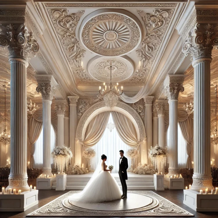 Colunas de poliuretano elegantes para salão de casamento clássico <h2>Elegância arquitetônica para celebrações inesquecíveis</h2><p>As colunas de <strong>poliuretano</strong> neste salão de casamento unem tradição arquitetônica e inovação material. Com inspiração nos estilos <strong>clássicos</strong>, apresentam superfícies caneladas e capitéis ornamentados que remetem ao período coríntio da Grécia Antiga.</p><p>O teto é um espetáculo à parte, com relevos circulares, arabescos e padrões florais que evidenciam a importância da ornamentação em um espaço de cerimônia. A composição em tons claros reflete luz suavemente, acentuando a atmosfera de grandiosidade.</p><h2>Elementos decorativos e harmonia do espaço</h2><p>Os drapeados de tecido emolduram as altas janelas, equilibrando a verticalidade das colunas e adicionando movimento ao ambiente. Velas e arranjos florais reforçam o conceito de <strong>luxo</strong> e acolhimento, criando contraste entre solidez arquitetônica e suavidade orgânica.</p><p>Historicamente, colunas como estas eram utilizadas em grandes construções de Roma e Grécia, sendo símbolos de poder e beleza. Hoje, reinterpretadas em <strong>design</strong> de interiores, tornam-se protagonistas em espaços de celebração.</p><ul><li>Colunas de poliuretano com estilo <strong>ornamental</strong></li><li>Molduras detalhadas no teto</li><li>Decoração com tecidos drapeados e iluminação suave</li><li>Ambiente ideal para cerimônias sofisticadas</li></ul>

<p>Um salão clássico transmite refinamento e requinte em cada detalhe. As colunas de <strong>poliuretano</strong> dão altura e imponência ao ambiente. A ornamentação em estilo <strong>clássico</strong> cria um cenário inesquecível. O teto ricamente decorado reflete a tradição arquitetônica. Molduras detalhadas destacam a amplitude da construção. Drapejados suaves trazem fluidez ao espaço. A iluminação com velas reforça o clima romântico. Os arranjos florais equilibram exuberância e delicadeza. A união de rigidez estrutural e suavidade têxtil gera harmonia. Cada ornamento valoriza o conceito de <strong>luxo</strong>. O design atemporal oferece funcionalidade e beleza. O poliuretano torna o conjunto leve e resistente. A tradição histórica inspira soluções modernas. Elementos clássicos ganham nova interpretação contemporânea. O espaço se torna ideal para momentos especiais.</p>