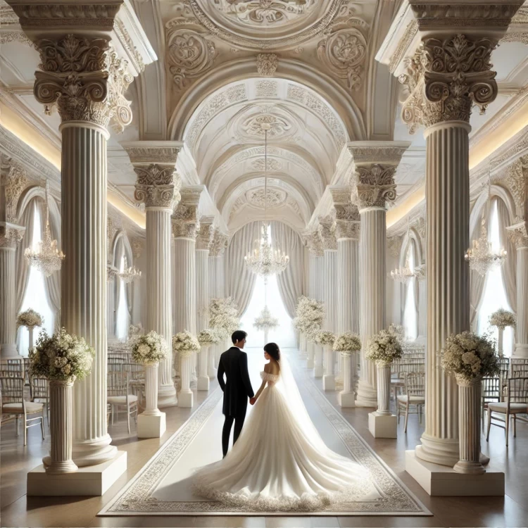 Decoração clássica de salão de casamento com colunas de poliuretano <h2>Elegância Clássica em Casamentos</h2><p>Este salão de casamento combina a imponência das <strong>colunas</strong> em poliuretano com a harmonia de arcos e relevos que valorizam a atmosfera cerimonial. As colunas são estriadas verticalmente e apresentam capitéis em estilo <strong>coríntio</strong>, repletos de folhas de acanto, evocando um legado histórico da arquitetura greco-romana.</p><p>No teto, painéis em relevo exibem <strong>motivos florais</strong>, arabescos e composições geométricas que acrescentam textura e sofisticação. Entre eles, lustres suspensos em cristal refletem a luz natural que atravessa grandes cortinas de tecido claro.</p><p>Os arranjos florais brancos estão dispostos em bases ligadas às colunas, reforçando a simetria do ambiente e criando um corredor visualmente equilibrado para os noivos. Este contraste entre a dureza das estruturas e a suavidade das flores cria um equilíbrio estético marcante.</p><p>Historicamente, o uso de colunas com ornamentos complexos era associado a templos e palácios, representando nobreza e poder. Aqui, esse simbolismo é reinterpretado para exaltar a solenidade e a beleza de uma celebração de união.</p><ul><li>Colunas de poliuretano trabalhadas com ornamentos detalhados</li><li>Cúpulas e tetos decorados com arabescos</li><li>Iluminação com lustres de cristal</li><li>Simetria reforçada por arranjos florais</li></ul>

<p>Um salão de casamento clássico com <strong>colunas</strong> de poliuretano transmite imponência e harmonia. As estruturas estriadas evocam elegância atemporal. Os <strong>capitéis coríntios</strong> detalhados trazem sofisticação ornamental. Os arcos criam ritmo visual equilibrado. O teto possui <strong>motivos florais</strong> em relevo. Lustres de cristal reforçam a luminosidade intensa. A simetria é destacada nos corredores decorados. Cada detalhe arquitetônico inspira grandiosidade. Os arranjos brancos acrescentam suavidade romântica. A união de geometria e arabescos cria profundidade estética. O corredor central conduz os olhares naturalmente. O equilíbrio entre ornamento e luz é notável. A inspiração greco-romana valoriza a solenidade. Colunas de poliuretano garantem leveza e durabilidade. O conjunto resulta em cenário perfeito para celebrações.</p>