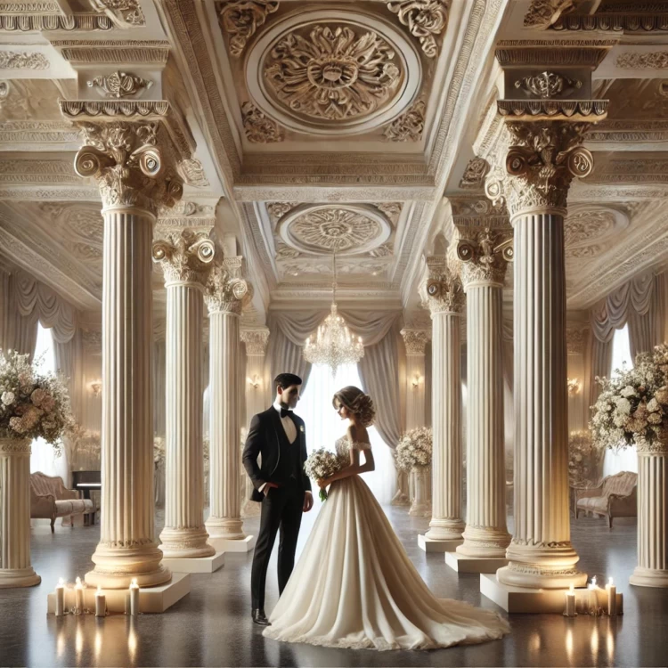 Decoração clássica de salão de casamento com colunas de poliuretano e capitéis coríntios <h2>Elegância clássica em cada detalhe</h2><p>O salão de casamento apresenta <strong>colunas de poliuretano</strong> que se destacam pelos seus capitéis coríntios esculpidos com riqueza de detalhes. Estes elementos evocam a grandeza da tradição clássica, já utilizada na Grécia Antiga como símbolo de sofisticação arquitetônica.</p><p>O teto é ornamentado com relevos circulares de flores e geometrias simétricas, que oferecem uma sensação de movimento e profundidade. Cada detalhe do entalhe foi projetado para refletir a luz suave dos <strong>candelabros de cristal</strong>, enriquecendo o ambiente.</p><h2>Harmonia entre formas e ornamentos</h2><p>As colunas, erguidas em fileiras, cercam o salão com ritmo e proporção. Os capitéis demonstram a característica floral e enrolada da ordem coríntia, criando uma fusão entre estrutura e ornamentação. Associados aos <strong>drapeados</strong> elegantes das cortinas em tons claros, contribuem para uma atmosfera acolhedora e nobre.</p><p>O piso polido reflete a iluminação, enquanto velas cuidadosamente dispostas reforçam o caráter intimista e cerimonial do espaço. Arranjos de <strong>flores brancas</strong> introduzem delicadeza natural, equilibrando o peso visual das estruturas arquitetônicas.</p><h2>Notas de tradição e requinte</h2><p>Desde os tempos da arquitetura clássica na Grécia e na Roma Antiga, as colunas com capitéis coríntios eram associadas ao luxo e à imponência. A presença destes elementos em um salão de casamento moderno mostra como a história ainda inspira a criação de espaços onde a solenidade e a beleza se encontram.</p><ul><li>Colunas ornamentais de poliuretano</li><li>Teto com relevos circulares e geométricos</li><li>Candelabros de cristal decorativos</li><li>Drapeados em tons suaves</li><li>Arranjos florais brancos volumosos</li></ul>

<p>Um salão de casamento clássico com <strong>colunas de poliuretano</strong> transforma o ambiente em um cenário de luxo. Os capitéis coríntios exibem relevos florais ornamentais em perfeita harmonia. O teto detalhado apresenta círculos em relevo e motivos geométricos elegantes. Candelabros de cristal iluminam o espaço de forma majestosa. Cortinas drapeadas em tons bege suavizam a composição. O piso polido reflete a iluminação e amplia a sensação de profundidade. Velas cuidadosamente dispostas adicionam calor e intimismo. Arranjos de <strong>flores brancas</strong> equilibram a imponência estrutural. Os entalhes clássicos são inspirados em tradições da Grécia Antiga. Cada detalhe tem como objetivo transmitir requinte e beleza. O salão une imponência e ternura em sua atmosfera. Elementos ornamentais dialogam com a função cerimonial do espaço. A presença do <strong>estilo coríntio</strong> garante sofisticação atemporal. O resultado é um cenário ideal para casamentos inesquecíveis. Essa composição valoriza tanto o ambiente quanto os sentimentos celebrados.</p>